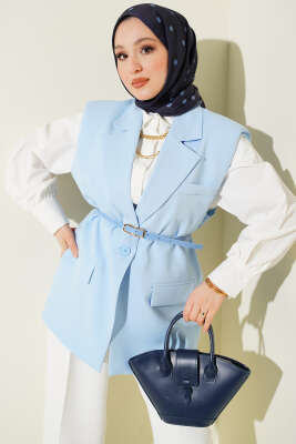 Kruvaze Yaka Kemer Detaylı Yelek Mavi - MD TREND
