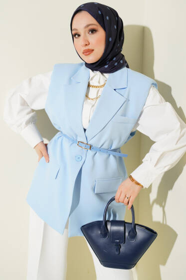 Kruvaze Yaka Kemer Detaylı Yelek Mavi - Yelek