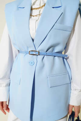 Kruvaze Yaka Kemer Detaylı Yelek Mavi - Yelek