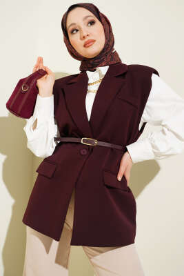 Kruvaze Yaka Kemer Detaylı Yelek Mürdüm - MD TREND