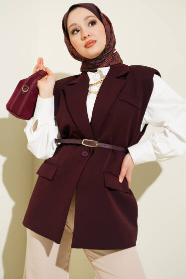 Kruvaze Yaka Kemer Detaylı Yelek Mürdüm - Yelek