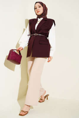 Kruvaze Yaka Kemer Detaylı Yelek Mürdüm - Yelek