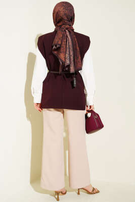 Kruvaze Yaka Kemer Detaylı Yelek Mürdüm - Yelek