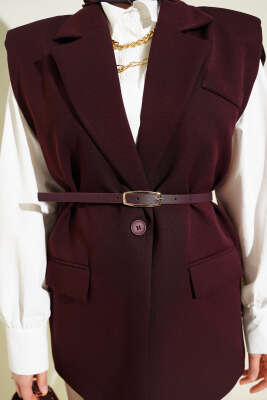 Kruvaze Yaka Kemer Detaylı Yelek Mürdüm - Yelek