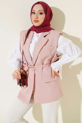 Kruvaze Yaka Kemer Detaylı Yelek Pudra - MD TREND