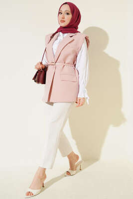Kruvaze Yaka Kemer Detaylı Yelek Pudra - Yelek