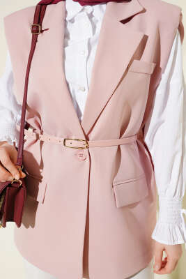Kruvaze Yaka Kemer Detaylı Yelek Pudra - Yelek