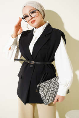 Kruvaze Yaka Kemer Detaylı Yelek Siyah - MD TREND