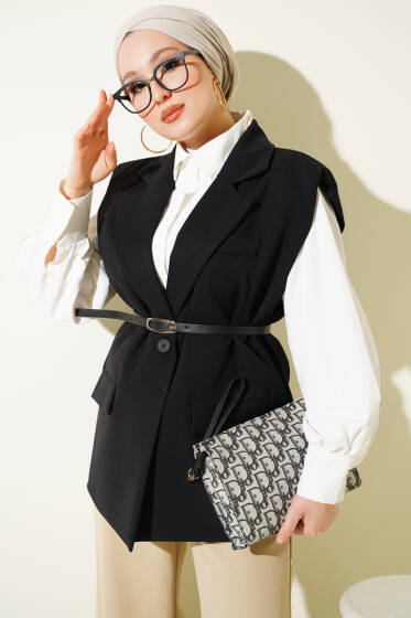 Kruvaze Yaka Kemer Detaylı Yelek Siyah - Yelek