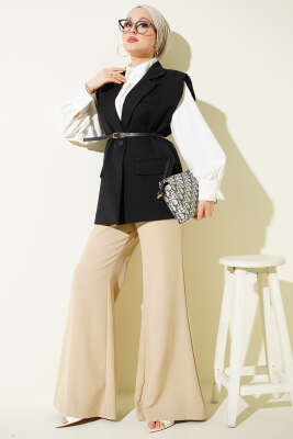 Kruvaze Yaka Kemer Detaylı Yelek Siyah - Yelek