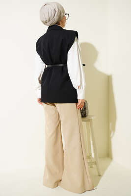 Kruvaze Yaka Kemer Detaylı Yelek Siyah - Yelek