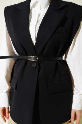 Kruvaze Yaka Kemer Detaylı Yelek Siyah - Yelek