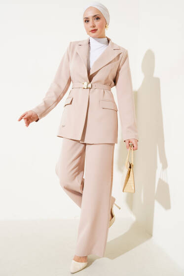 Kruvaze Yaka Kemerli Ceket İkili Takım Bej - İkili Takım