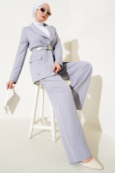 Kruvaze Yaka Kemerli Ceket İkili Takım Gri - İkili Takım