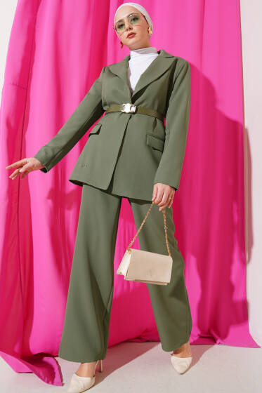 Kruvaze Yaka Kemerli Ceket İkili Takım Haki - İkili Takım