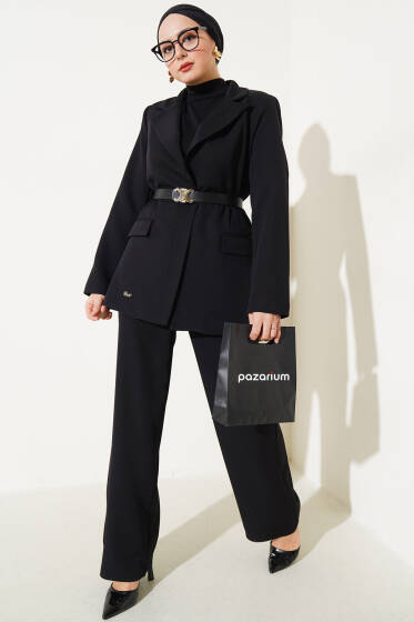 Kruvaze Yaka Kemerli Ceket İkili Takım Siyah - İkili Takım