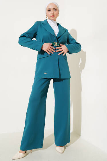 Kruvaze Yaka Kemerli Ceket İkili Takım Zümrüt - İkili Takım