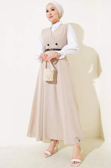 Kruvaze Yaka Kemerli Jile Elbise Bej - Elbise