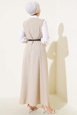 Kruvaze Yaka Kemerli Jile Elbise Bej - Tesettür Elbise