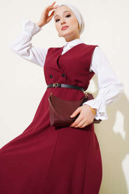 Kruvaze Yaka Kemerli Jile Elbise Bordo - 700-1000 TL Ürünler