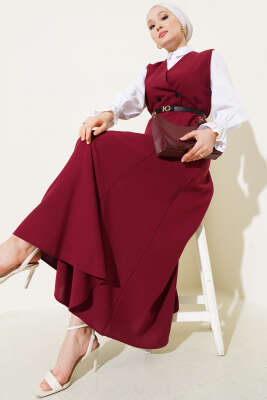 Kruvaze Yaka Kemerli Jile Elbise Bordo - Tesettür Elbise