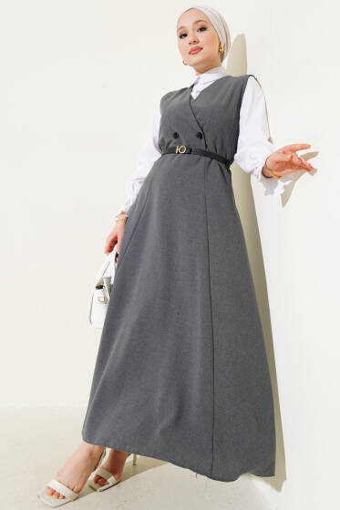 Kruvaze Yaka Kemerli Jile Elbise Füme - Elbise