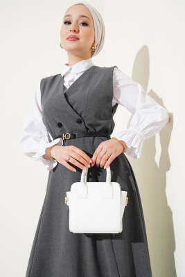 Kruvaze Yaka Kemerli Jile Elbise Füme - Tesettür Elbise