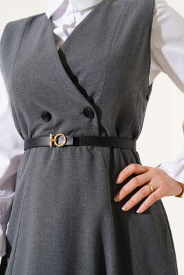 Kruvaze Yaka Kemerli Jile Elbise Füme - Tesettür Elbise