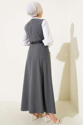 Kruvaze Yaka Kemerli Jile Elbise Füme - Tesettür Elbise