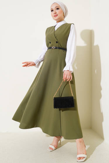 Kruvaze Yaka Kemerli Jile Elbise Haki - Elbise