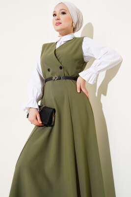Kruvaze Yaka Kemerli Jile Elbise Haki - Tesettür Elbise