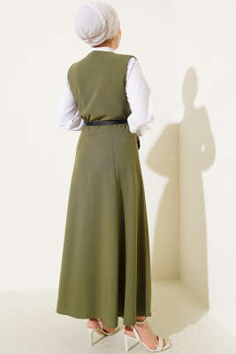 Kruvaze Yaka Kemerli Jile Elbise Haki - Tesettür Elbise
