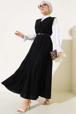 Kruvaze Yaka Kemerli Jile Elbise Siyah 