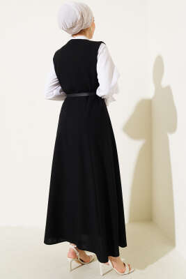 Kruvaze Yaka Kemerli Jile Elbise Siyah - Tesettür Elbise