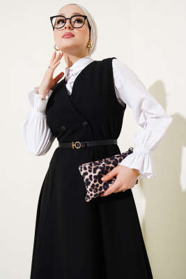 Kruvaze Yaka Kemerli Jile Elbise Siyah - Tesettür Elbise