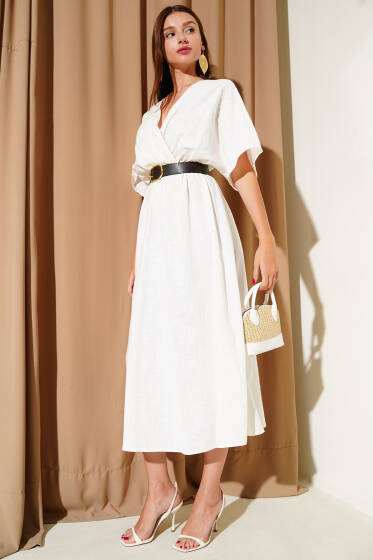 Kruvaze Yaka Kemerli Keten Midi Elbise Ekru - Kadın Giyim Modelleri