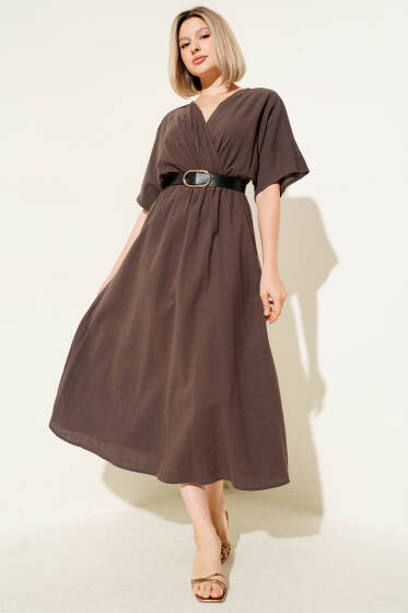 Kruvaze Yaka Kemerli Keten Midi Elbise Kahve - Kadın Giyim Modelleri