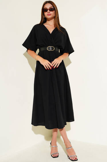 Kruvaze Yaka Kemerli Keten Midi Elbise Siyah - Kadın Giyim Modelleri