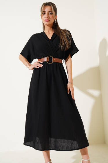 Kruvaze Yaka Kemerli Midi Elbise Siyah - Kadın Giyim Modelleri