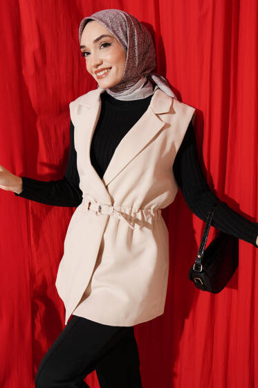 Kruvaze Yaka Kemerli Yelek Bej - Yelek