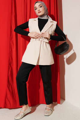 Kruvaze Yaka Kemerli Yelek Bej - Yelek