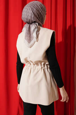 Kruvaze Yaka Kemerli Yelek Bej - Yelek