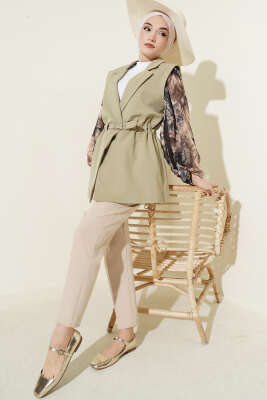 Kruvaze Yaka Kemerli Yelek Çağla Yeşili - Yelek