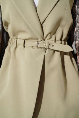 Kruvaze Yaka Kemerli Yelek Çağla Yeşili - Yelek