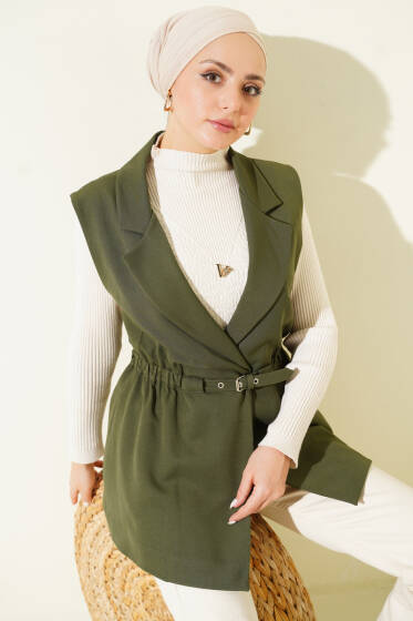 Kruvaze Yaka Kemerli Yelek Haki - Yelek