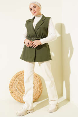 Kruvaze Yaka Kemerli Yelek Haki - Yelek