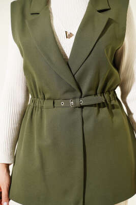 Kruvaze Yaka Kemerli Yelek Haki - Yelek