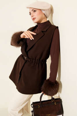 Kruvaze Yaka Kemerli Yelek Kahve - MISRA