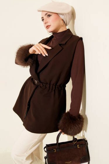 Kruvaze Yaka Kemerli Yelek Kahve - Günün Seçilenleri