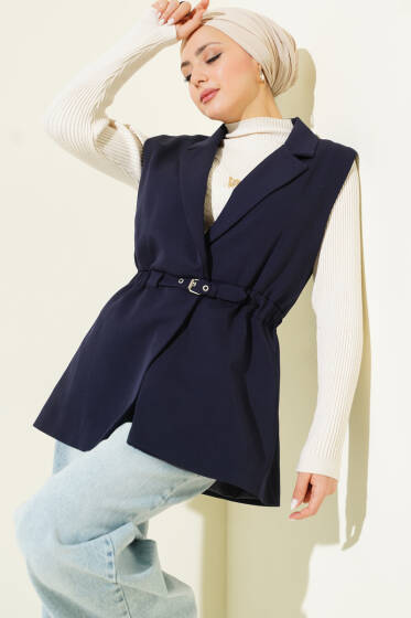Kruvaze Yaka Kemerli Yelek Lacivert - Yelek